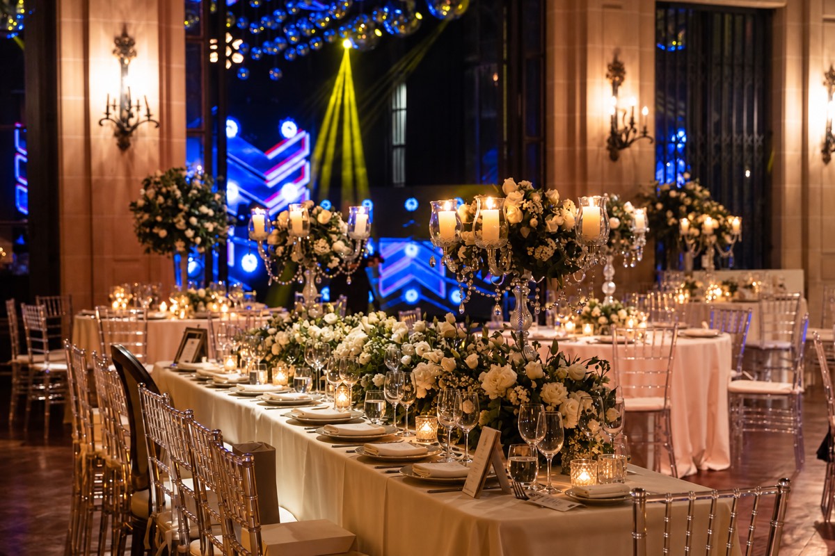Mesas del salón a la luz de las velas